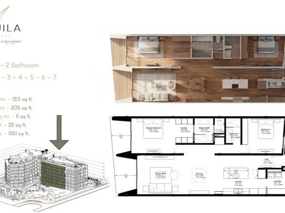 Floor plan and layout details of LAquila Residences Unit 105 type B 2-bedroom condo in Aruba
