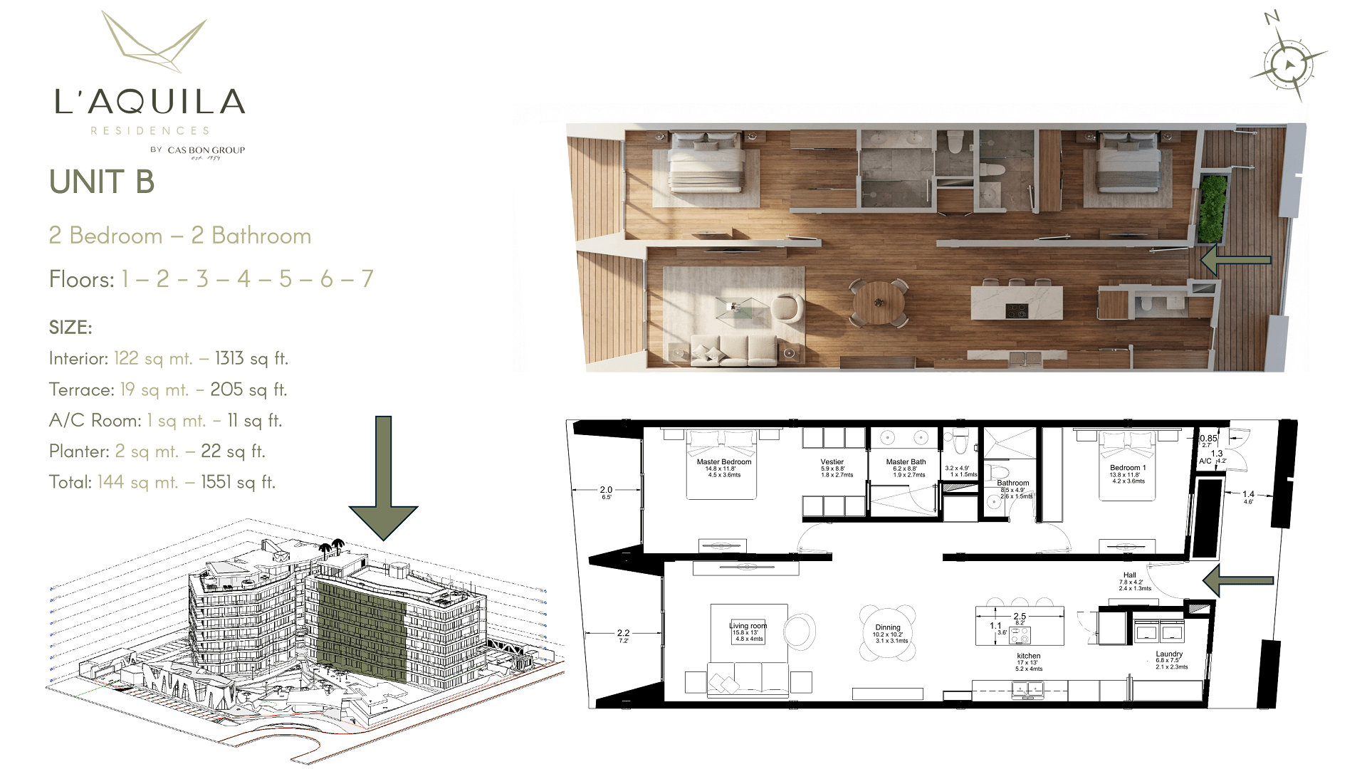 Floor plan and layout details of LAquila Residences Unit 105 type B 2-bedroom condo in Aruba