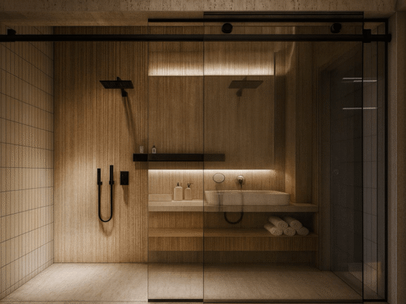 Bathroom with walk in shower and glass enclosure in LAquila Residences Unit 105 type B condo in Aruba