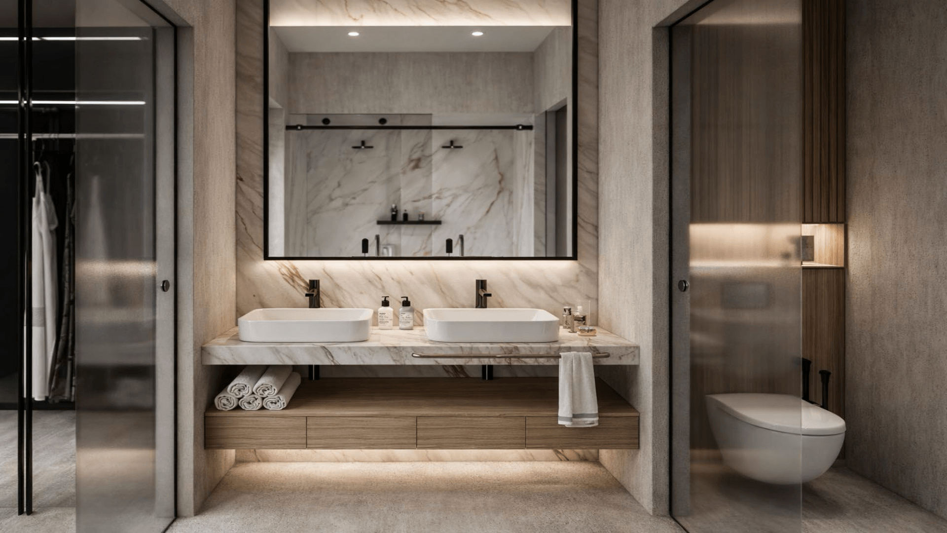 Bathroom with double sink vanity in LAquila Residences Unit 109 type D condo in Aruba
