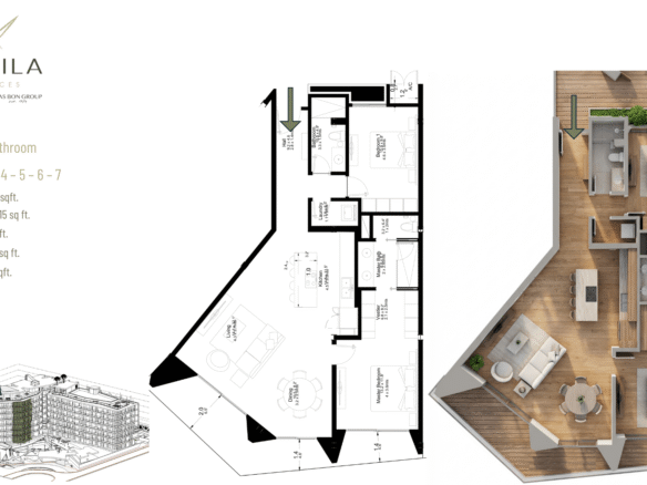 Floor plan and layout of LAquila Residences Unit 109 type D 2-bedroom condo in Aruba