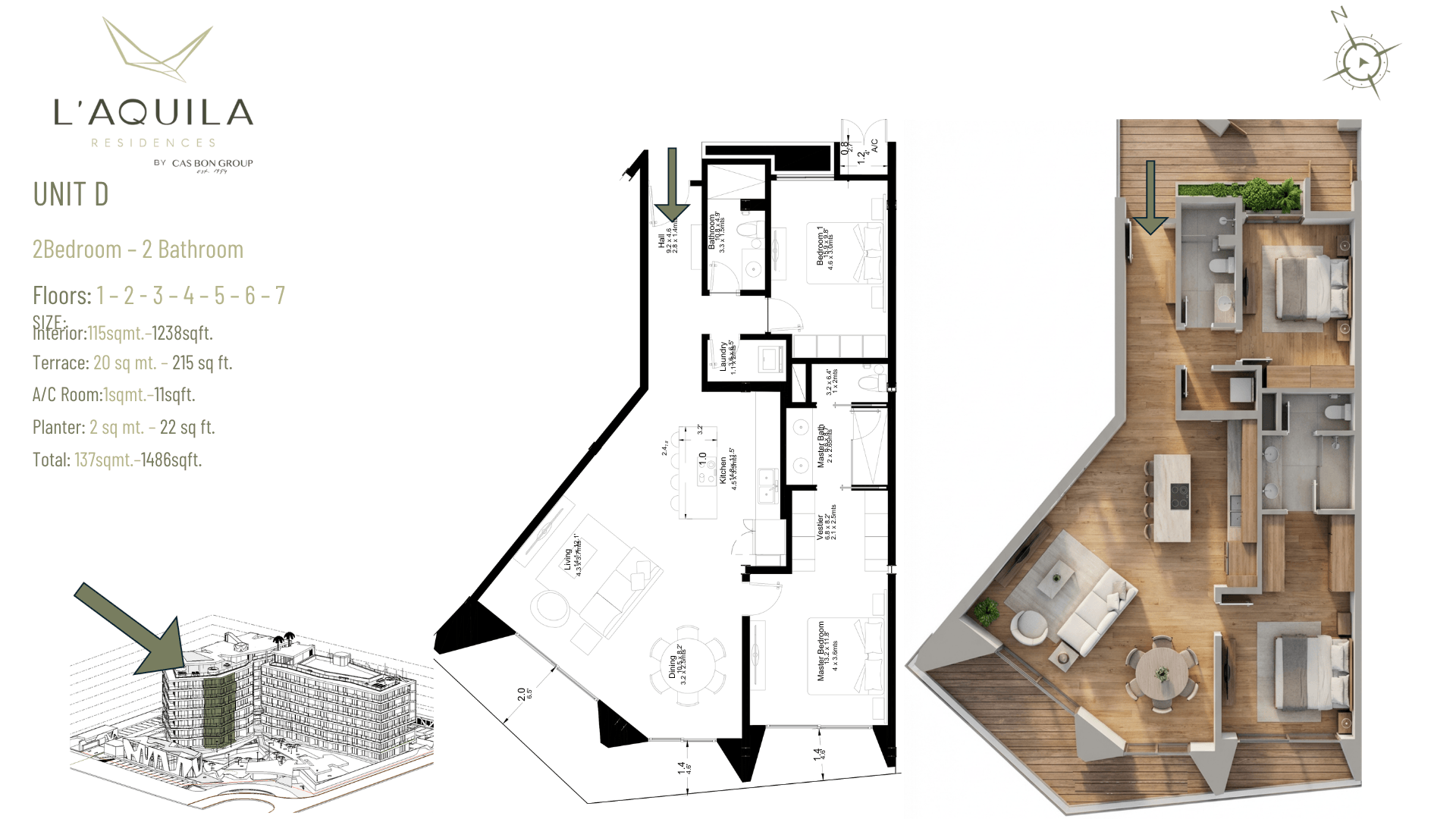 Floor plan and layout of LAquila Residences Unit 109 type D 2-bedroom condo in Aruba