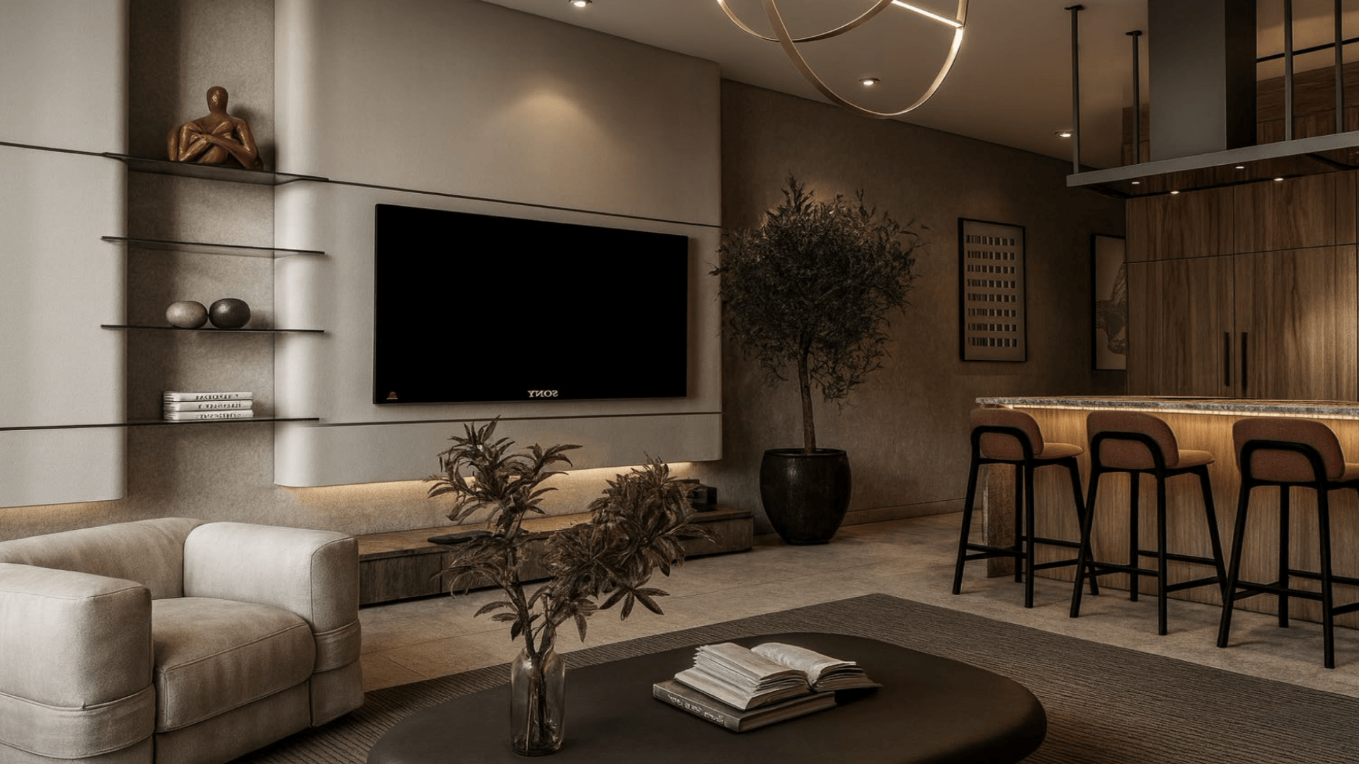Living room with TV wall and kitchen bar seating in LAquila Residences Unit 109 type D condo in Aruba