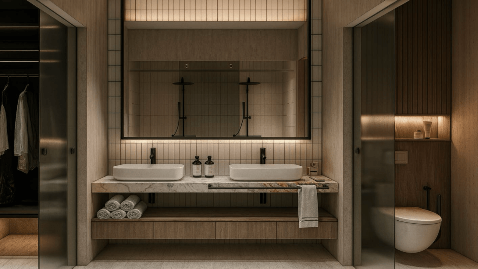 Bathroom with double sink vanity in LAquila Residences Unit 110 type E condo in Aruba