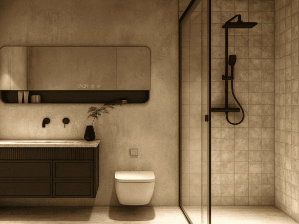 Bathroom with single vanity and shower in LAquila Residences Unit 110 type E condo in Aruba