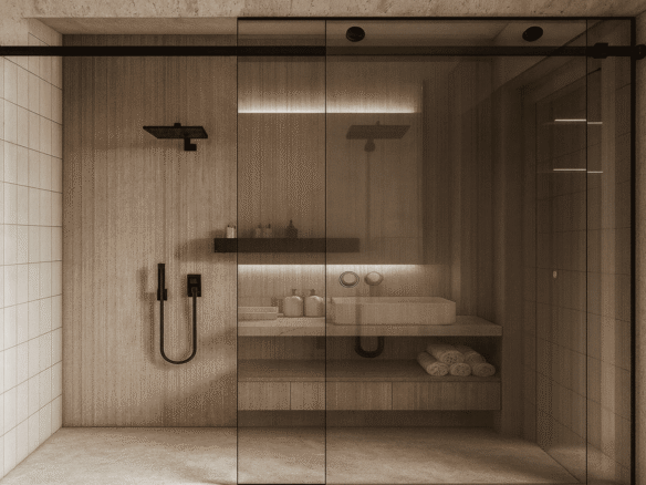 Walk in shower with glass enclosure in LAquila Residences Unit 110 type E condo bathroom in Aruba