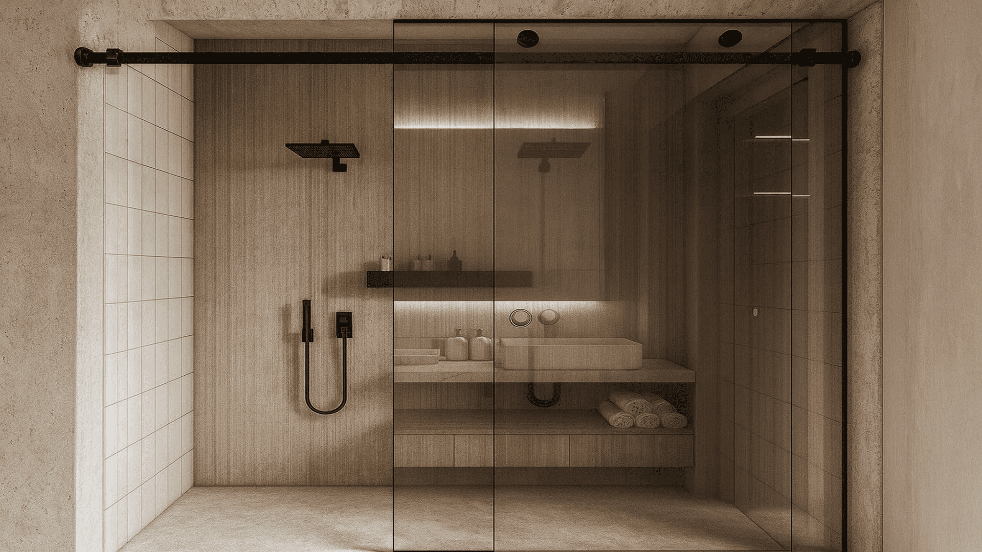 Walk in shower with glass enclosure in LAquila Residences Unit 110 type E condo bathroom in Aruba