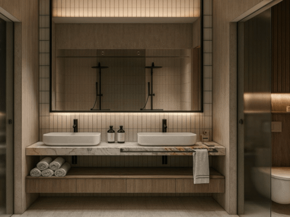 Bathroom in L’Aquila Residences Unit 201 type A featuring double sink vanity and modern finishes in Aruba