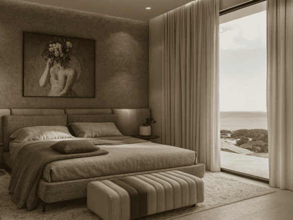 Bedroom in L’Aquila Residences Unit 201 type A with large sliding doors leading to balcony and outdoor view in Aruba