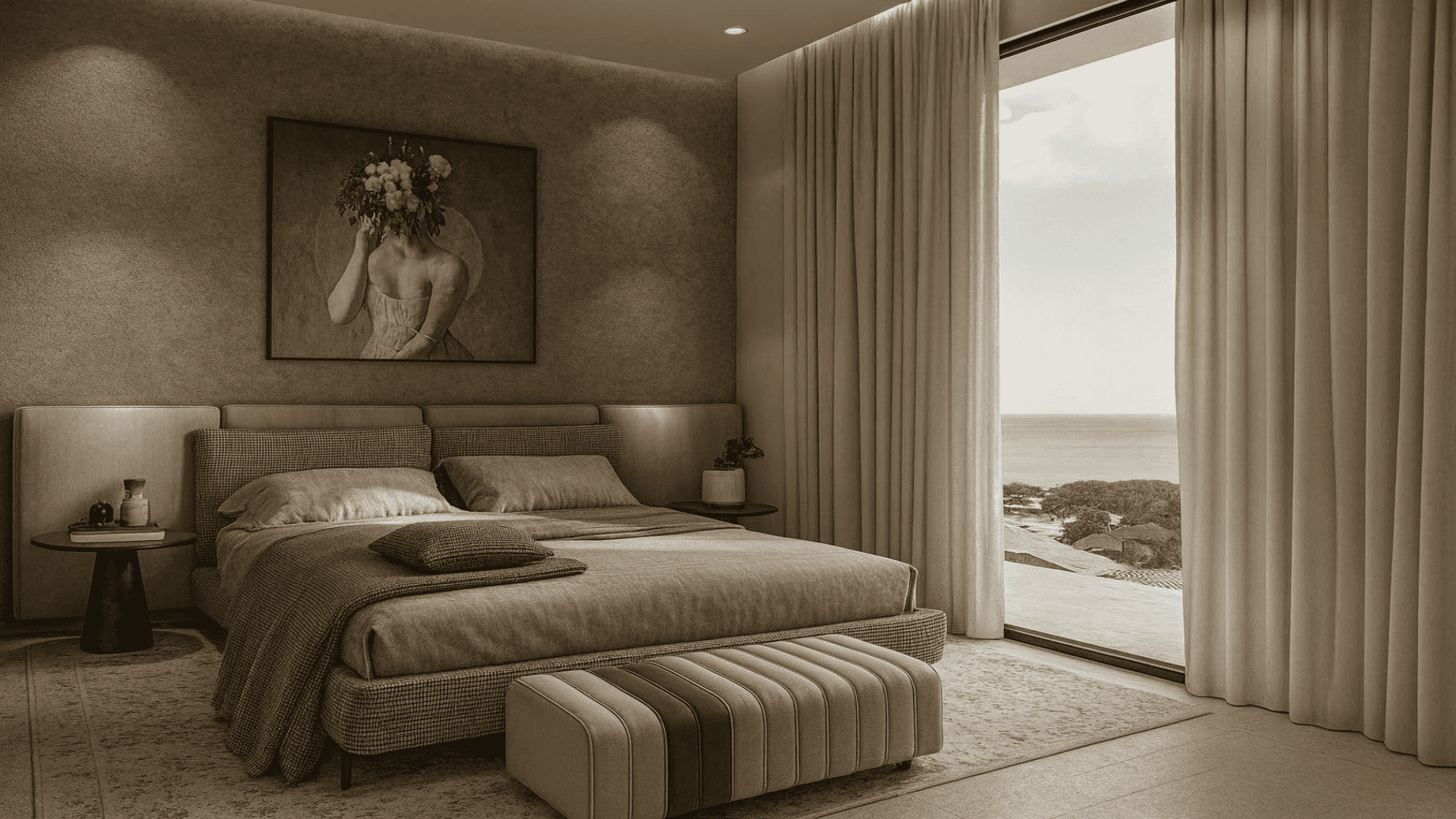 Bedroom in L’Aquila Residences Unit 201 type A with large sliding doors leading to balcony and outdoor view in Aruba