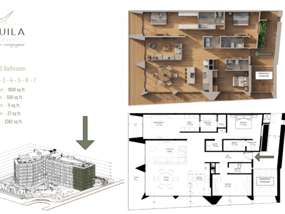 Floor plan layout of L’Aquila Residences Unit 201 type A showing a 3 bed 3 bath condominium in Aruba