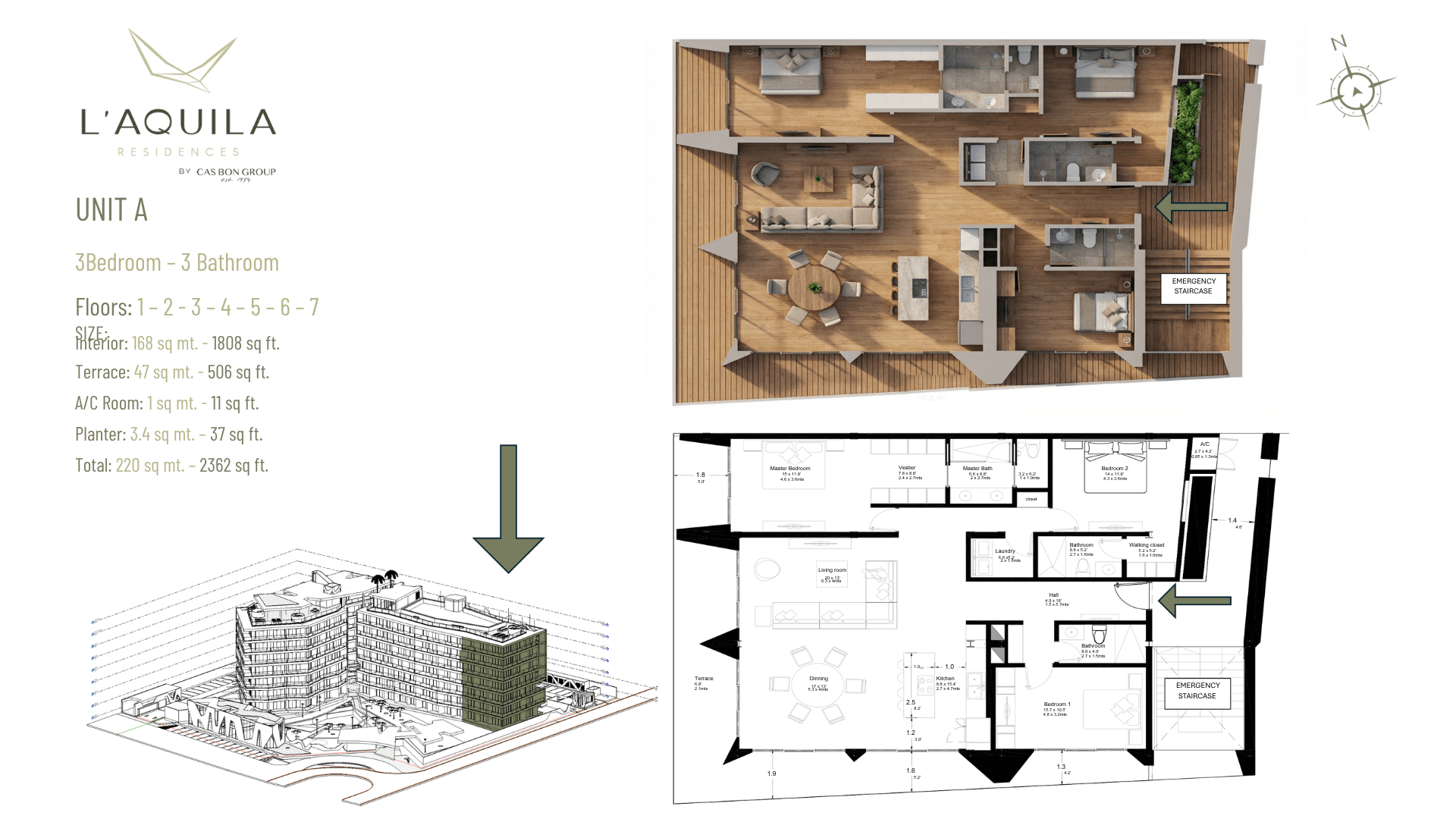 Floor plan layout of L’Aquila Residences Unit 201 type A showing a 3 bed 3 bath condominium in Aruba