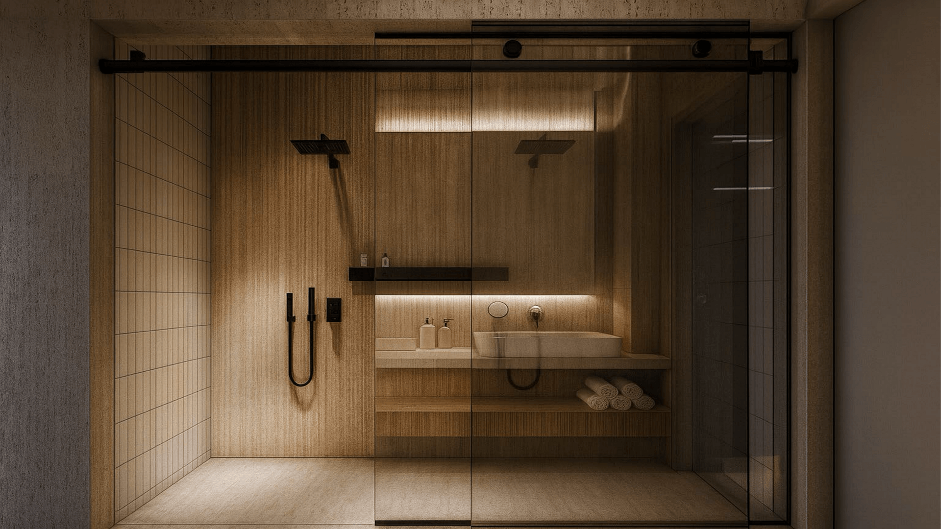 Bathroom with walk in shower and glass enclosure in LAquila Residences Unit 205 type B condo in Aruba