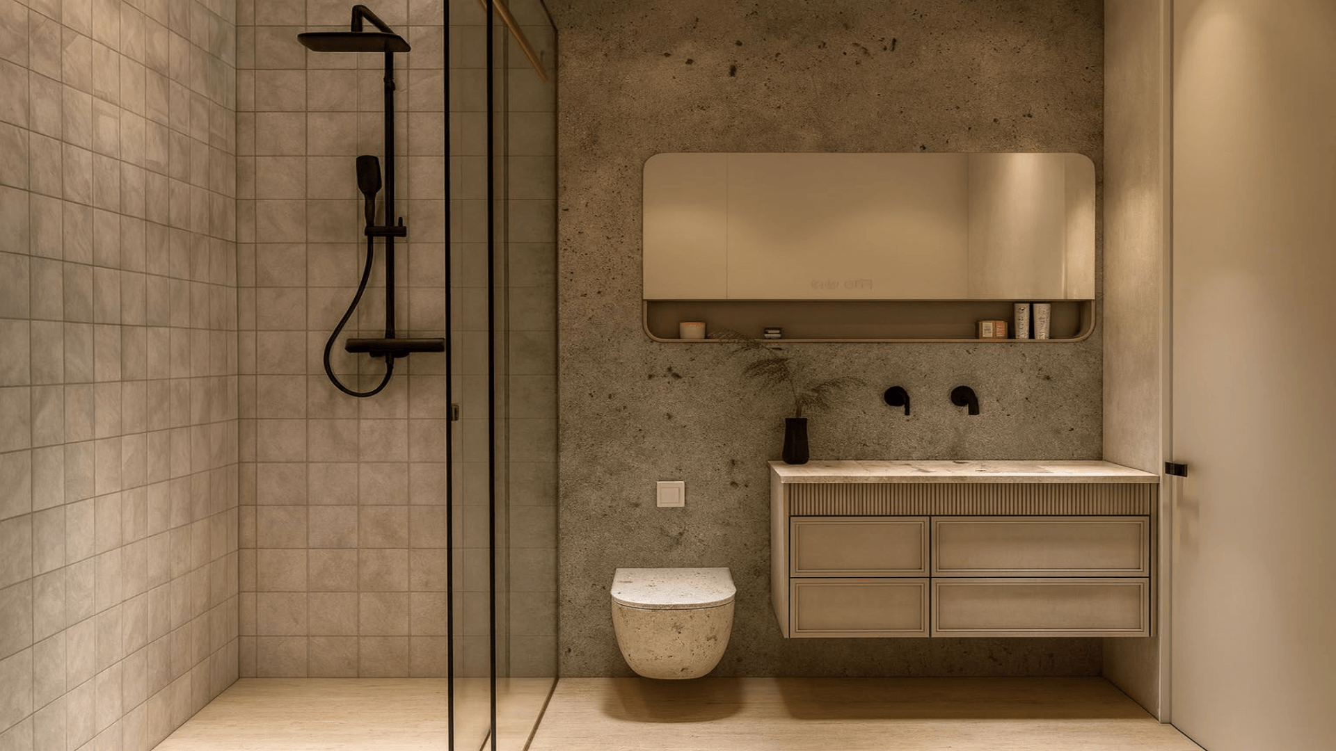 Bathroom in L’Aquila Residences Unit 206 type C-1 featuring walk-in shower, vanity, and modern fixtures