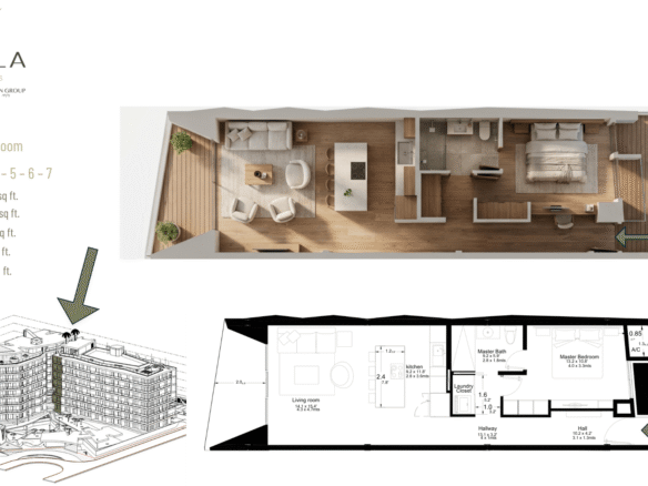 Floor plan of L’Aquila Residences Unit 206 type C-1 showing 1 bed 1 bath condominium layout in Aruba