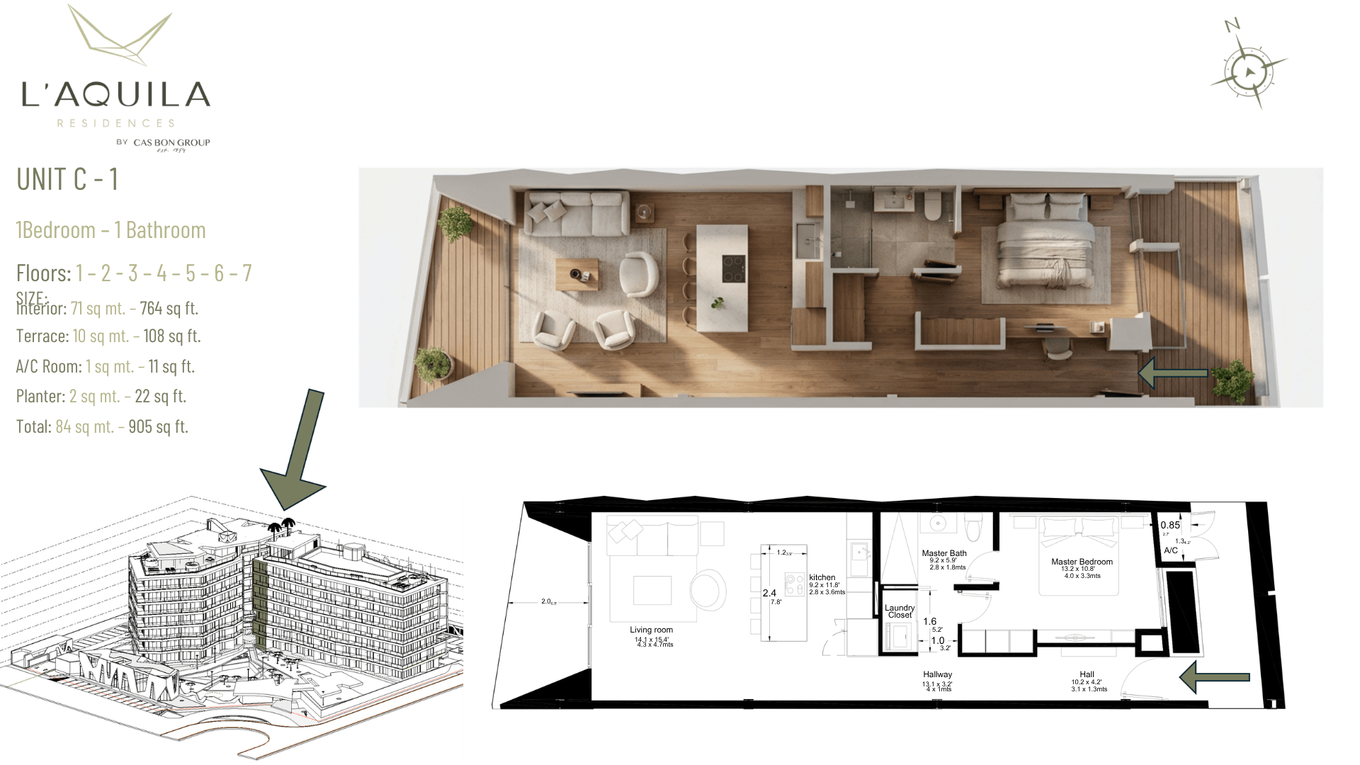 Floor plan of L’Aquila Residences Unit 206 type C-1 showing 1 bed 1 bath condominium layout in Aruba