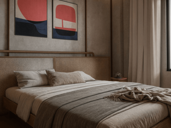 Bedroom interior in L’Aquila Residences Unit 207 type C-2 with large window and ocean view in Aruba