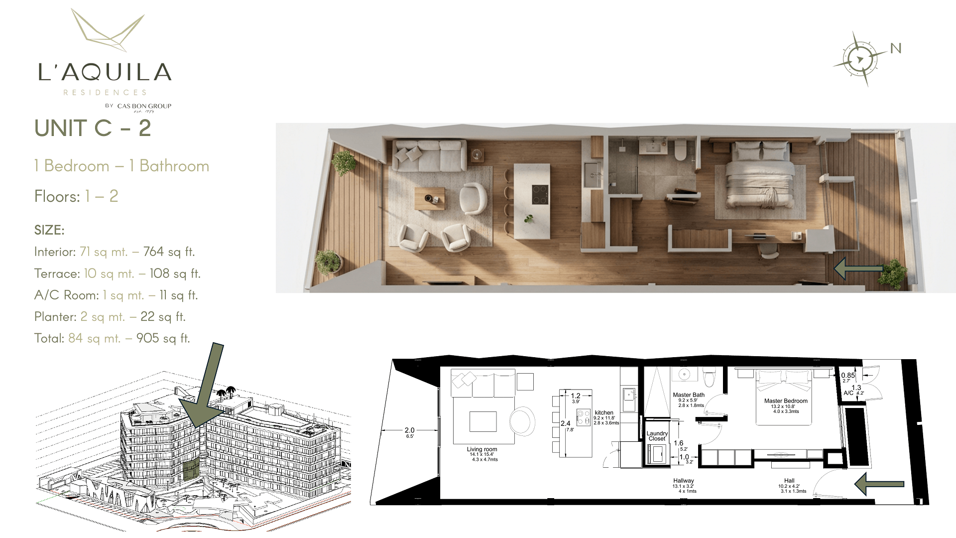 Floor plan of L’Aquila Residences Unit 207 type C-2 showing 1 bedroom 1 bathroom condominium layout in Aruba
