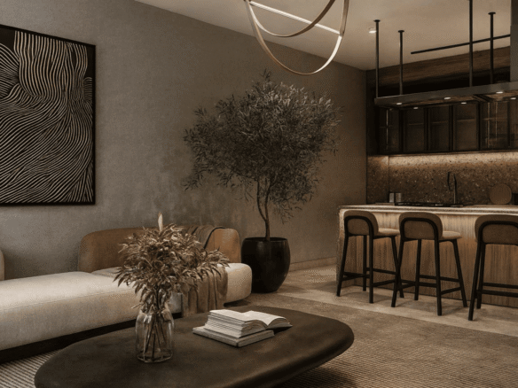 Living room and kitchen with bar seating in L’Aquila Residences Unit 207 type C-2 condominium in Aruba featuring modern finishes