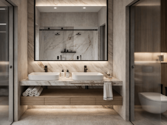Bathroom with double sink vanity in LAquila Residences Unit 209 type D condo in Aruba