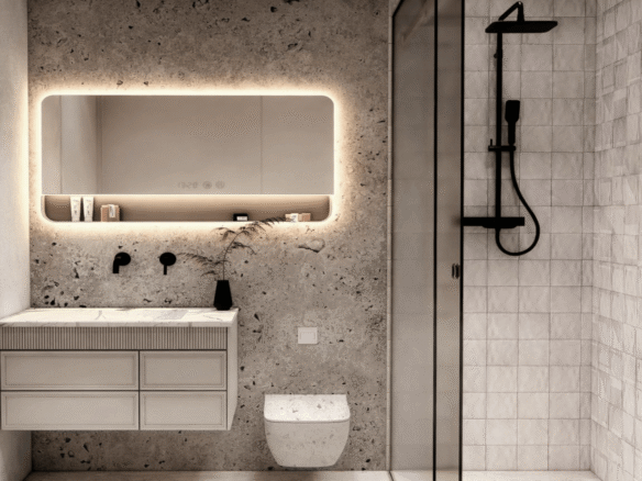 Bathroom with single vanity and shower in LAquila Residences Unit 209 type D condo in Aruba