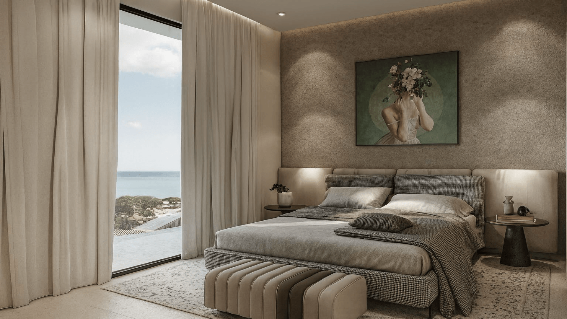 Bedroom with wall art and window view in LAquila Residences Unit 209 type D condo in Aruba