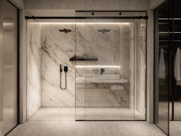 Walk in shower with glass enclosure in LAquila Residences Unit 209 type D condo bathroom in Aruba
