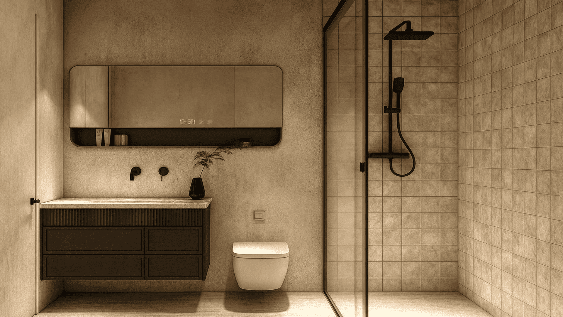 Bathroom with single vanity and shower in LAquila Residences Unit 210 type E condo in Aruba