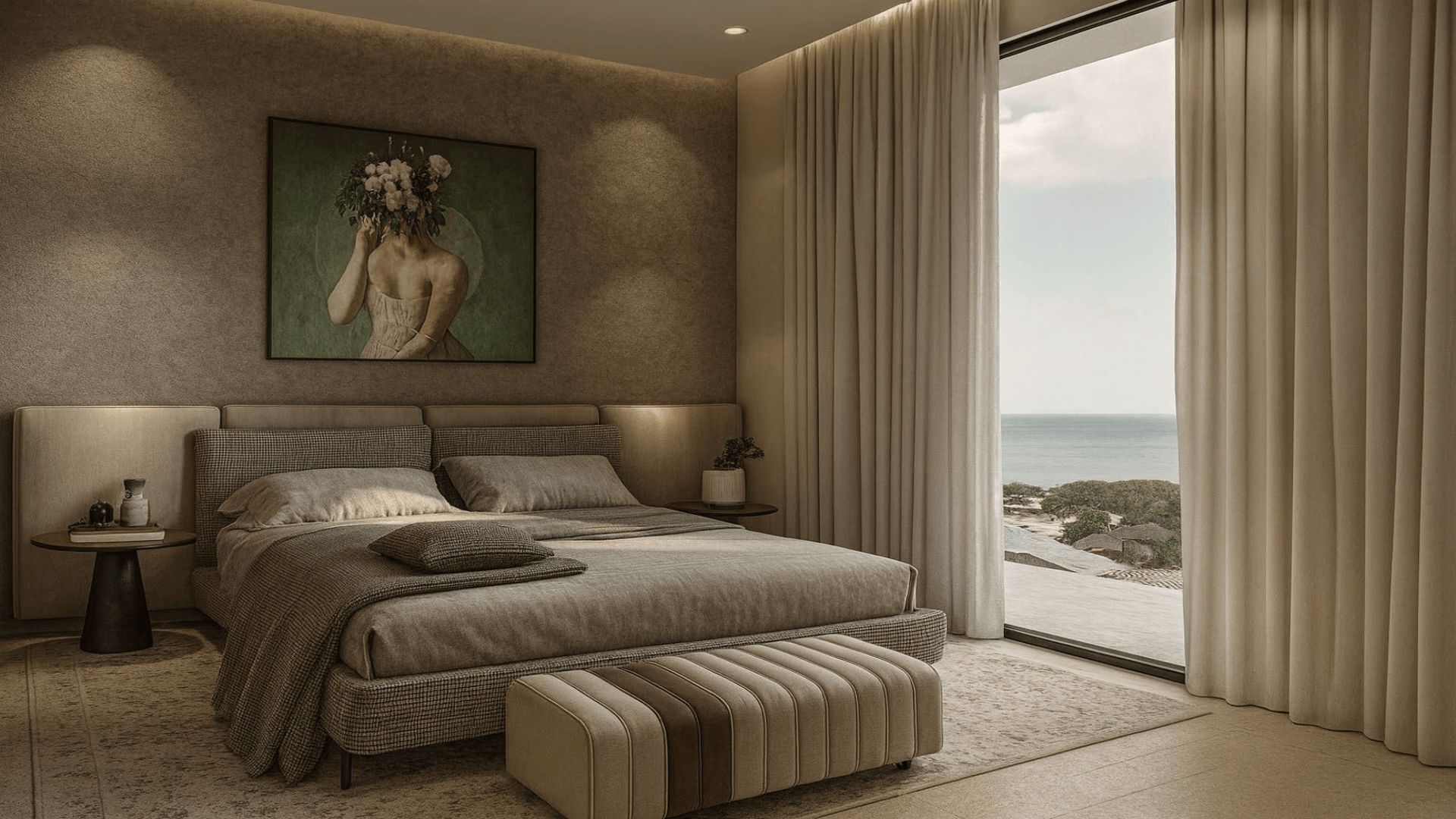 Bedroom with ocean view and wall artwork in LAquila Residences Unit 210 type E condo in Aruba