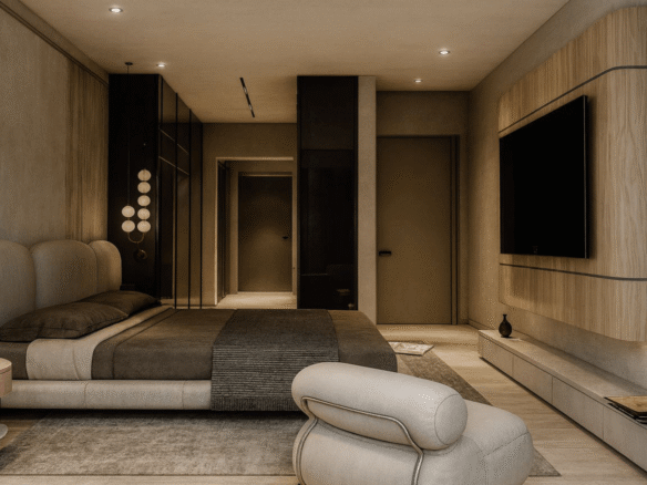 Bedroom with TV wall and seating area in LAquila Residences Unit 210 type E condo in Aruba