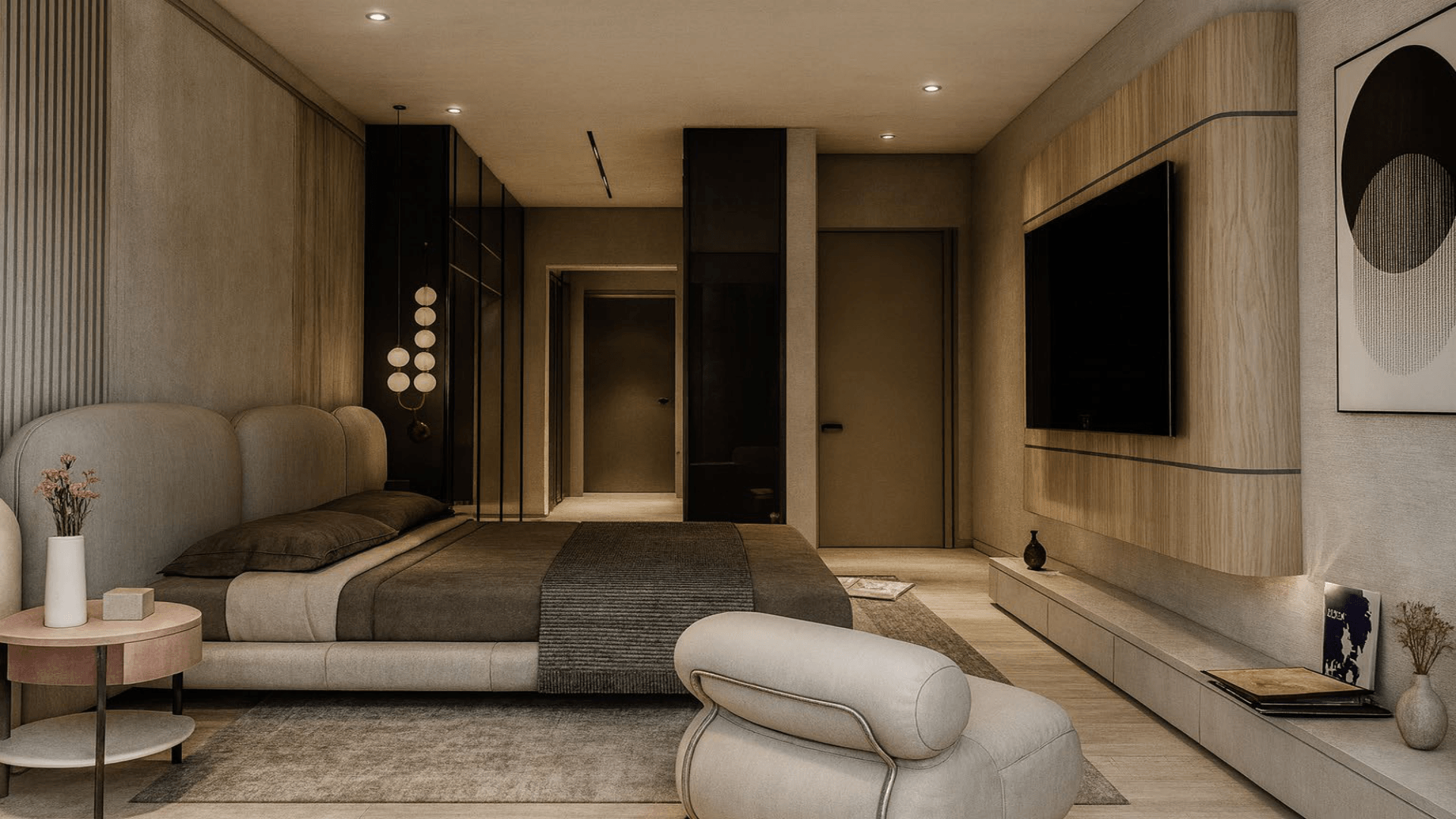 Bedroom with TV wall and seating area in LAquila Residences Unit 210 type E condo in Aruba