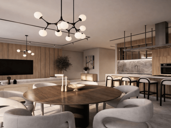 Dining area with round table and kitchen bar seating in LAquila Residences Unit 210 type E condo in Aruba