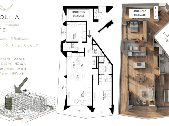 Floor plan and layout of LAquila Residences Unit 210 type E 2-bed condo in Aruba