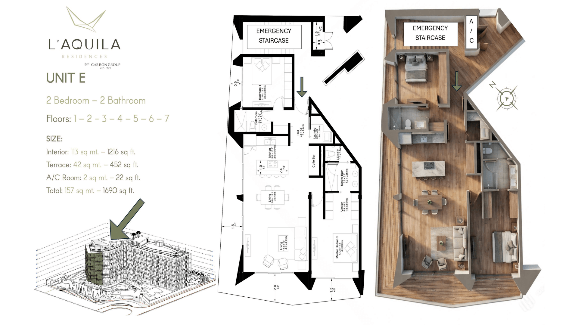 Floor plan and layout of LAquila Residences Unit 210 type E 2-bed condo in Aruba