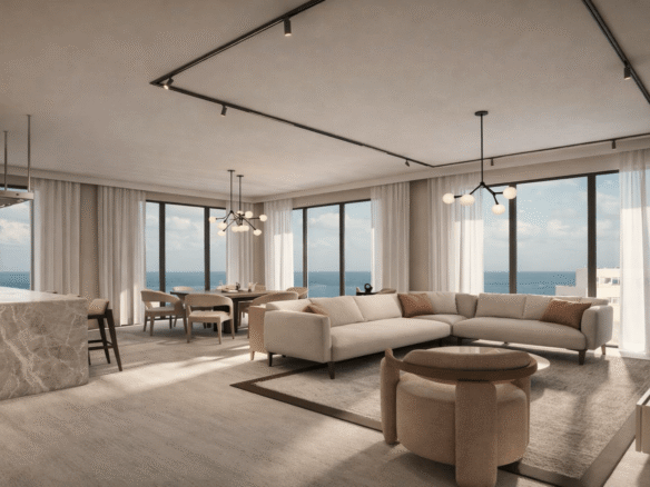 Open living room with kitchen island and ocean view in LAquila Residences Unit 210 type E condo in Aruba