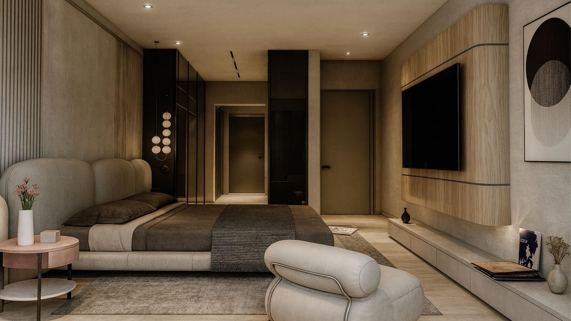 Bedroom with textured wall and window view in L’Aquila Residences Unit 301 Type A Aruba