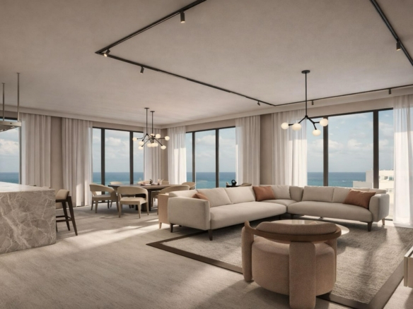 Living room with ocean view in L’Aquila Residences Unit 301 Type A Aruba