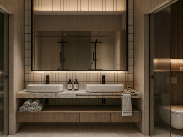 Bathroom with glass shower enclosure in L’Aquila Residences Unit 301 Type A Aruba