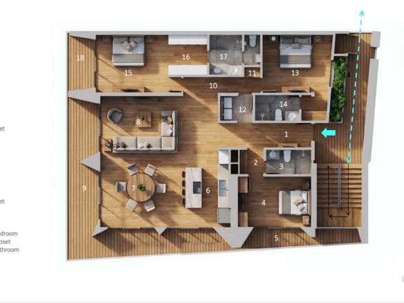 3D floor plan layout of LAquila Residences Type A 3-bedroom condo in Aruba