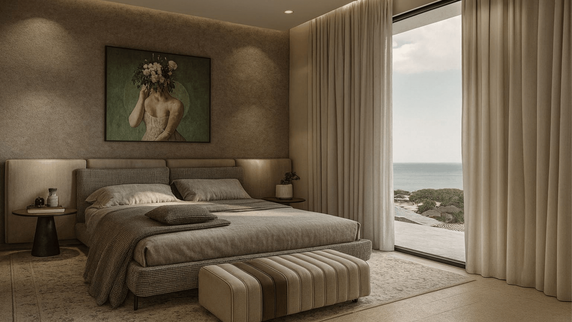 Guest bedroom with bed, artwork, and ocean view window in LAquila Residences Type A Aruba