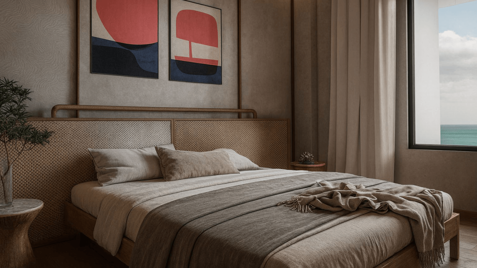Bedroom interior in L’Aquila Residences type C with large window and ocean view in Aruba
