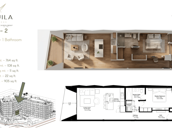 Floor plan of L’Aquila Residences type C showing 1 bedroom 1 bathroom condominium layout in Aruba