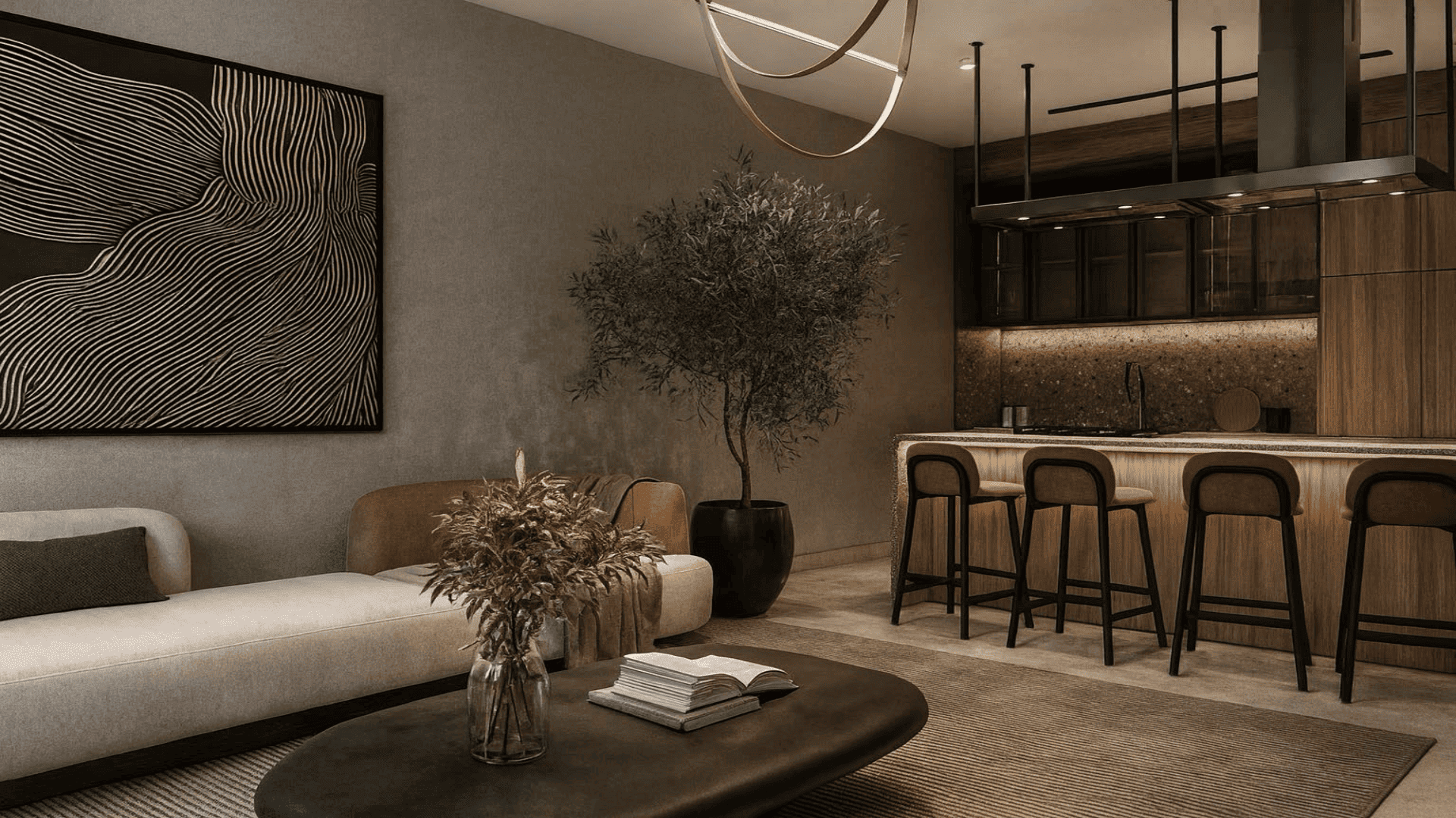 Living room and kitchen with bar seating in L’Aquila Residences type C condominium in Aruba featuring modern finishes