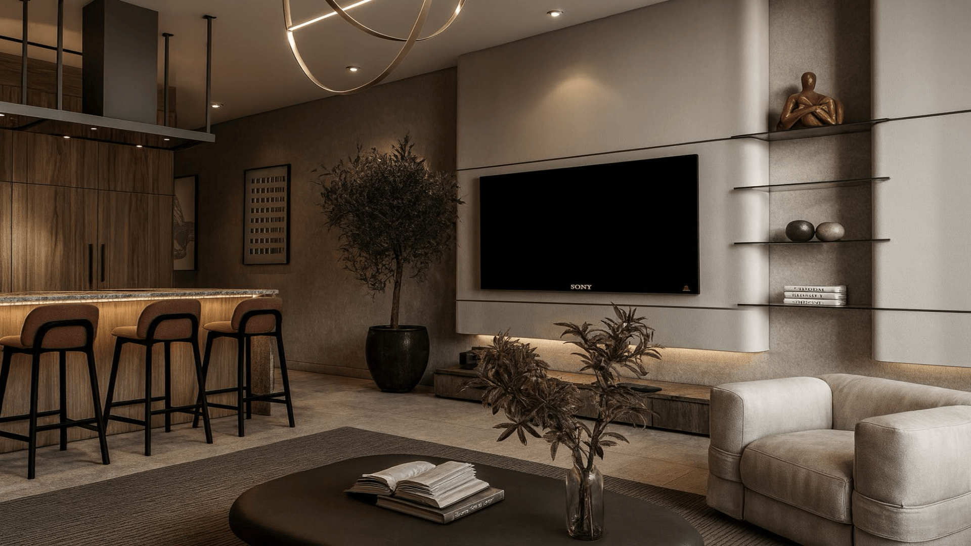 Living room with TV wall and adjacent kitchen in L’Aquila Residences type C condominium in Aruba