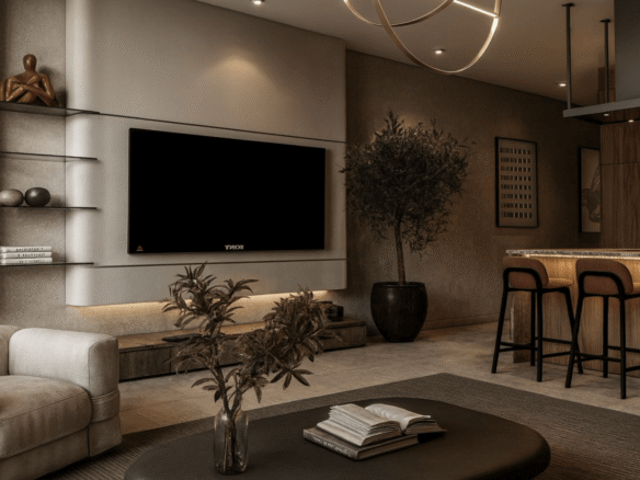 Living room with TV wall and kitchen bar seating in LAquila Residences type D condo in Aruba
