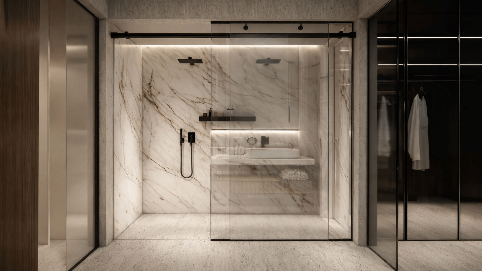 Walk in shower with glass enclosure in LAquila Residences type D condo bathroom in Aruba