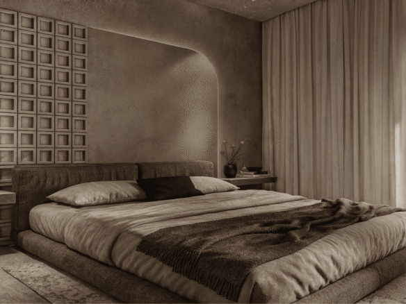 Bedroom with textured wall and window view in LAquila Residences Type E condo in Aruba