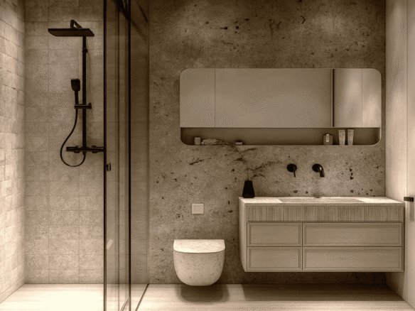 Bathroom in L’Aquila Residences Type F featuring walk-in shower floating vanity and modern finishes in Aruba