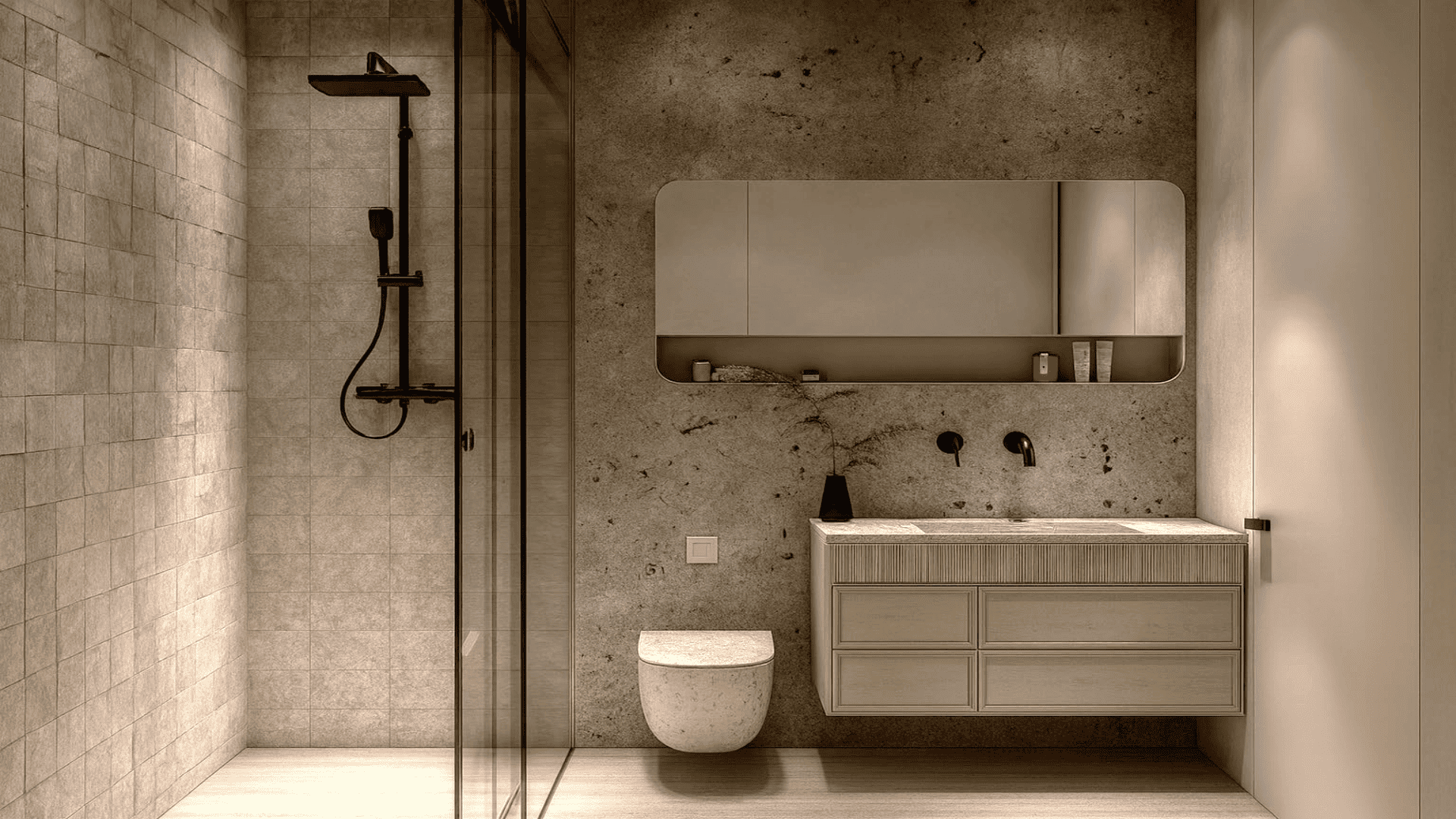 Bathroom in L’Aquila Residences Type F featuring walk-in shower floating vanity and modern finishes in Aruba