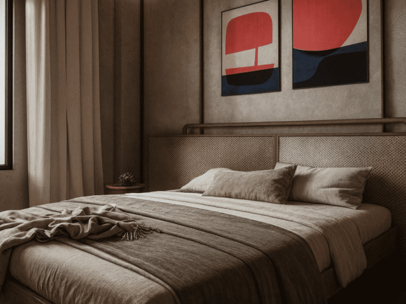 Bedroom interior of L’Aquila Residences Type F with modern design natural tones and window in Aruba